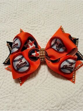 Handmade Astros Orange Baseball Team Hair Bow with Rhinestones